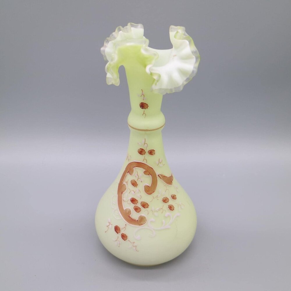 Vintage Steven & Williams Style Hand Painted Green Satin Art Glass 10" Vase